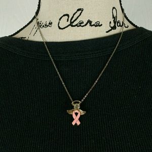 Pink ribbon breast cancer angel necklace, 19" long